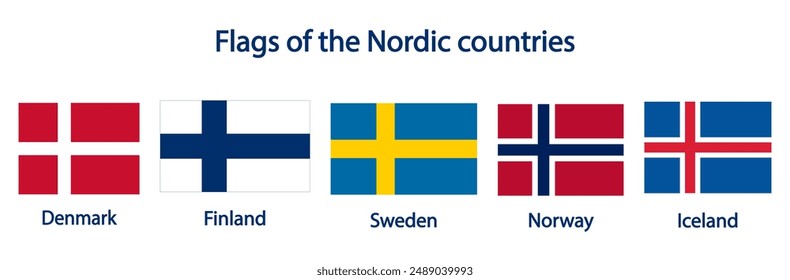 Official national flags of the Nordic countries, isolated on transparent background. Set of flags of Denmark, Finland, Sweden, Norway, Iceland. Vector illustration