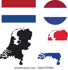 Bandeira oficial neerlandesa. Conjunto de ícones e formas diferentes do mapa. Estilo plano. Bandeira holandesa em círculo e retângulo em forma e mapa em cor nacional e preto.