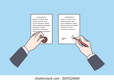 Official Notarization of documents concept. Hands of notary holding stamp and making signature on papers on blue background isometric vector illustration, top view 