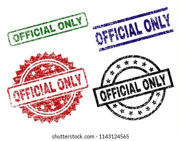OFFICIAL ONLY seal imprints with corroded surface. Black, green,red,blue vector rubber prints of OFFICIAL ONLY title with dirty surface. Rubber seals with circle, rectangle, medallion shapes.