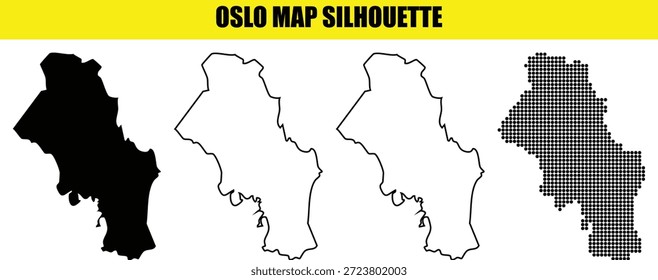 Offizielle oslo Karte Umriss-Set mit vier verschiedenen visuellen Stilen bestehend aus massiven schwarzen Füllung weißen inneren dünnen Strich und kreisförmigen Punkt Muster für Norway geographische Forschung und Design