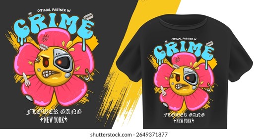 Parceiro oficial em Crime Robot Flower Character Vetor, Hip Hop Streetwear Design, Cartoon Smiling Daisy com Cyborg Eye, Razor Blade, Gold Chain, "Flower Gang New York" Slogan, Edgy Urban Graphic