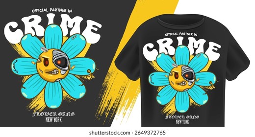 Parceiro oficial em Crime Robot Flower Character Vetor, Hip Hop Streetwear Design, Cartoon Smiling Daisy com Cyborg Eye, Razor Blade, Gold Chain, "Flower Gang New York" Slogan, Edgy Urban Graphic