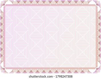 Official pink guilloche border for certificate. Vector illustration. Gradient frame.