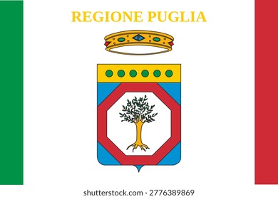 Official regional flag of Apulia (Puglia), Italy. High-quality professional vector illustration with official heraldic colors. All texts converted to paths for maximum compatibility. Professional layout with balanced safe margins