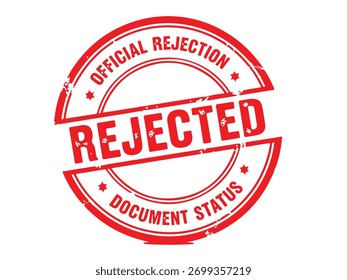 Official rejection document status stamp isolated on white background a red rubber stamp with the word rejected in bold letters, indicating a documents rejection