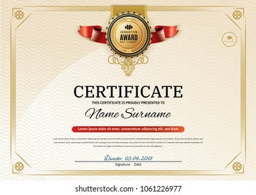 Official retro certificate with red gold design elements. Red ribbon and gold emblem. Vintage modern blank