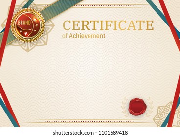 Official retro certificate with red gold design elements. Red ribbon and red emblem. Vintage modern blank