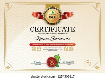 Official retro certificate with red gold design elements. Red ribbon and gold emblem. Vintage modern blank. Christmas certificate