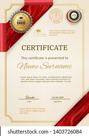 Official retro certificate with red gold design elements. Red ribbon and gold emblem. Vintage modern blank