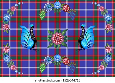 The official Russian tartan with folk patterns. Gorodets patterns