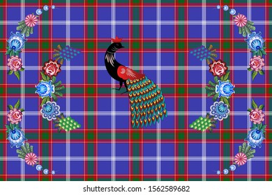 The official Russian tartan with folk patterns. Gorodets patterns