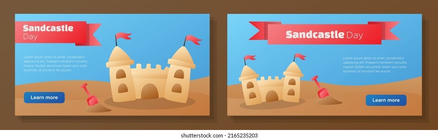 Official sandcastle day 2022 online banner template set, summer beach playground celebration advertisement, horizontal ad, sand castle building webpage, toy shovel creative brochure, isolated.