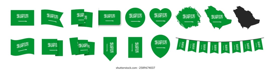 Official Saudi Arabia flag set. Map set of icons and different shapes. Flat style. National symbol isolated on transparent background.