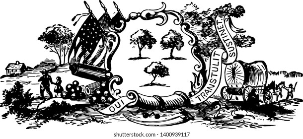 The official seal of colonial Connecticut in 1635 this seal shows three grapevines in middle and behind that three flags left side father and a daughter right side farmer with bullock cart vintage