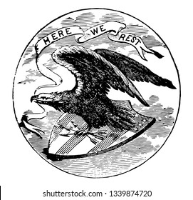 The official seal of the U.S. state of Alabama in 1889 the edge word ALABAMA and word GREAT SEAL in center an eagle with raised wings alighting upon shield with three arrows in his left talon vintage