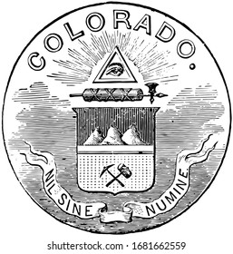 The official seal of the U.S. state of Colorado in 1889, this seal has the eye of providence on top within triangle, below that rod with a battle axe bound together, a shield has a pick and hammer