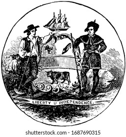 The official seal of the U.S. state of Delaware in 1889, in center shield shape design with ox standing on grass, supporting to shield is a farmer on left and a militiaman in right side, vintage