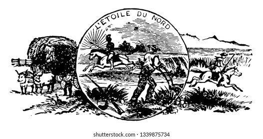 The official seal of the U.S. state of Minnesota this seal has bullock cart on left side on right side a man riding horse in center an American riding horse with spear farmer plowing sunrays vintage 