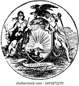 The official seal of the U.S. state of New York in 1889, vintage illustration