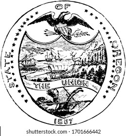 The official seal of the U.S. state of Oregon in 1889, vintage illustration