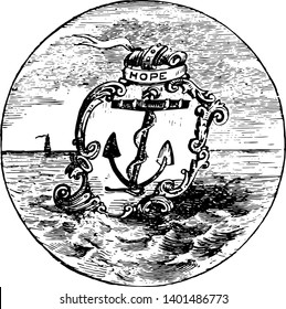 The official seal of the U.S. state of Rhode Island in 1889 this circle shape seal has shield with boat anchor HOPE is written on top of shield it also has sea and ship in background vintage
