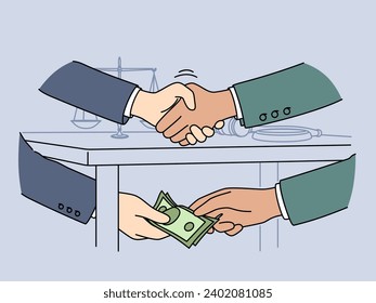 Official shakes hands with businessman after receiving bribe for unfair judicial decision or closure of criminal case. Judge with bribe symbolizes problems in field of law and jurisprudence