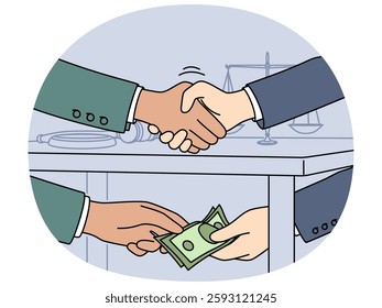 Official shakes hands with businessman after receiving bribe for unfair judicial decision or closure of criminal case. Judge with bribe symbolizes problems in field of law and jurisprudence