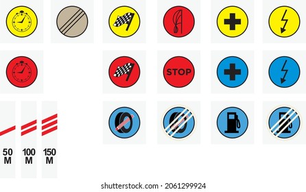Official signage full set for motorsports, rallying, automobile sports, special stages. Time control, start, flying finish, stop, midpoint, sos point, radio point, tyre marking, refuel area.