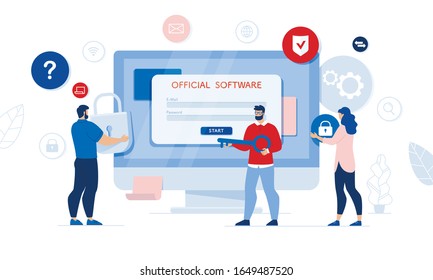 Official Software Access. Program Analyses and Audit. Two Man Holding Key and Lock. Woman Carrying Digital Security Locking Product. Computer Screen with Registration and Authorization Form