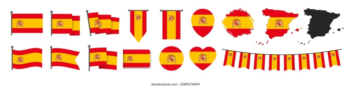 Official Spain flag set. Map set of icons and different shapes. Flat style. National symbol isolated on transparent background.