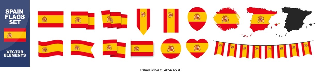 Official Spain flag set. Map set of icons and different shapes. Flat style. National symbol isolated on transparent background.