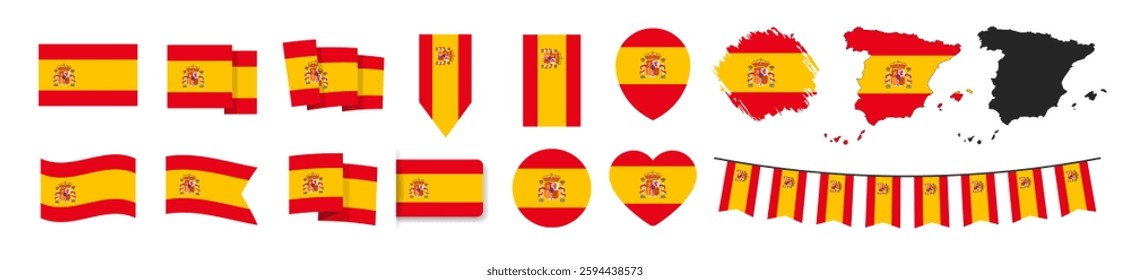 Official Spain flag set. Map set of icons and different shapes. Flat style. National symbol isolated on transparent background.
