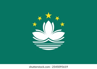 Official standardized flag of Macau Special Administrative Region of Peoples Republic of China in original colors and proportion correctly. Green flag with five stars, lotus flower, bridge and sea