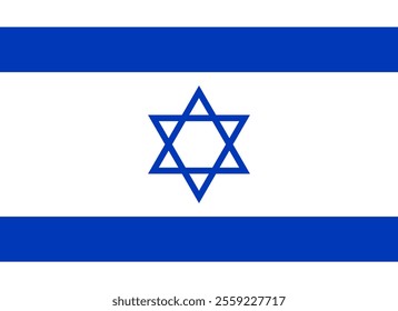 Official standardized flag of the State of Israel in original colors and proportion correctly. White background with blue Star of David in centre and two horizontal blue stripes at top and bottom