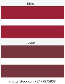 Official standardized national flag Republic of Latvia presented in two color options - upper one is digital and the lower one is for textiles. Vector illustration, pictogram, icon