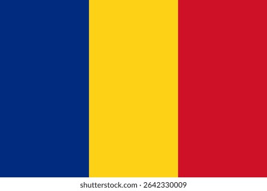 Official standardized national flag republic of Romania is three equal vertical bands colored blue at the flagpole, yellow and red. Vector illustration, pictogram, icon, logo, sign, banner, postcard