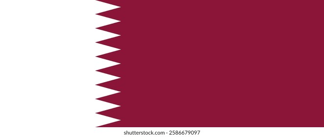 Official standardized national flag of State Qatar. It is maroon with a broad white serrated band with nine white peaks on the hoist side. Vector illustration, pictogram, icon, banner, card, poster