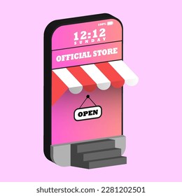 official store of online shop marketing with handphone isometric vector illustration design