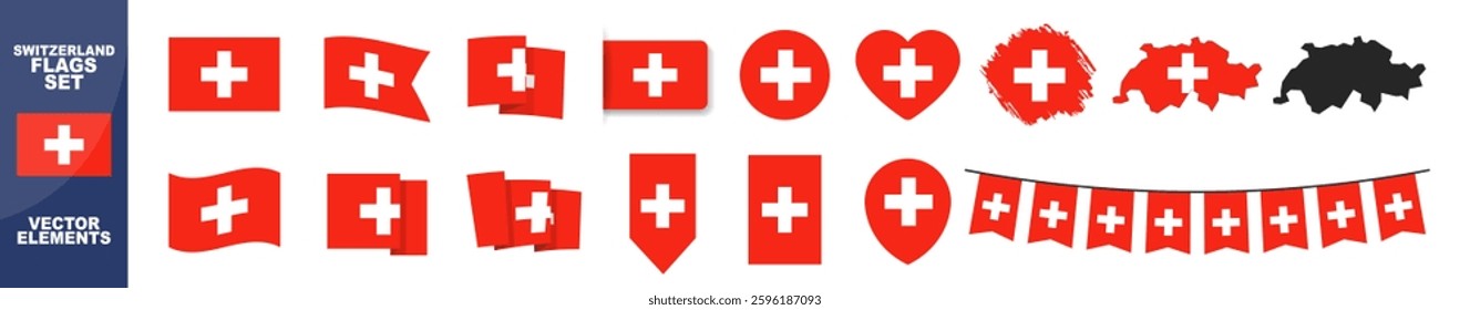 Official Switzerland flag set. Map set of icons and different shapes. Flat style. National symbol isolated on transparent background.