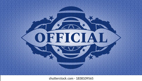 Official text inside blue color japan style pattern realistic emblem. Geometric exquisite background. Intense illustration. 