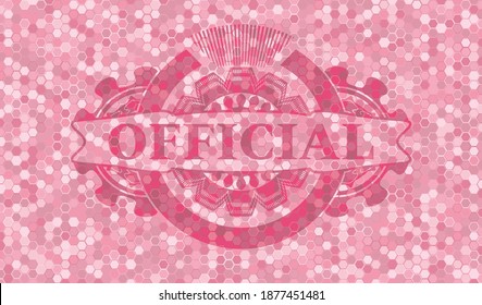 Official text inside pink tiles mosaic pattern realistic emblem. Geometric hexagon luxurious background. Vector illustration. 
