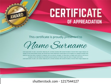 Official turquoise certificate with red triangles and red ribbon. For business or education. Gold emblem