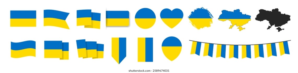 Official Ukraine flag set. Map set of icons and different shapes. Flat style. National symbol isolated on transparent background.