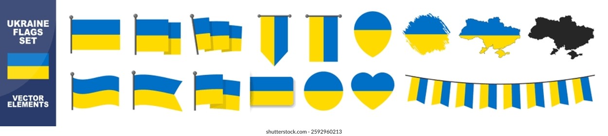 Official Ukraine flag set. Map set of icons and different shapes. Flat style. National symbol isolated on transparent background.