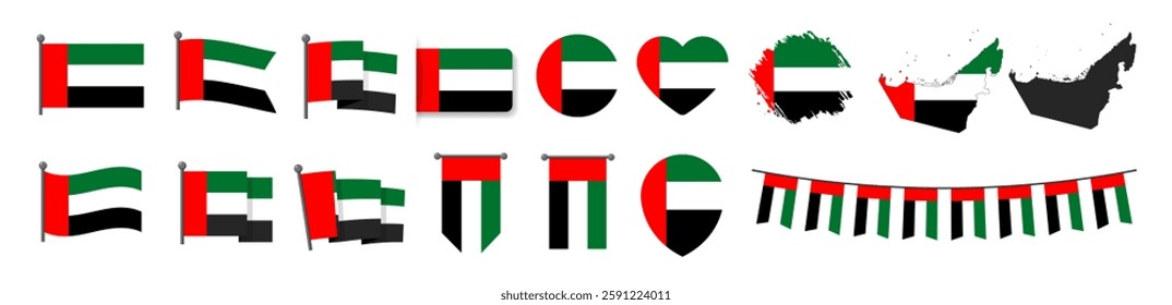 Official United Arab Emirates UAE flag set. Map set of icons and different shapes. Flat style. National symbol isolated on transparent background.