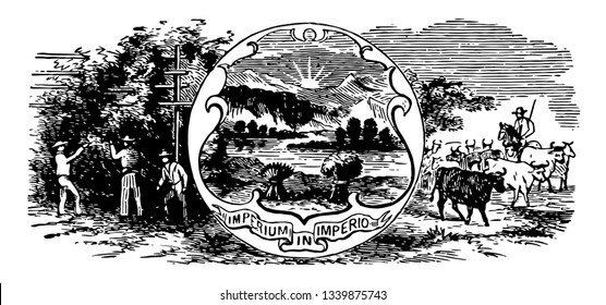 The official U.S. state seal of Ohio this seal shows tree and three men doing some work underneath of that tree in left side it also shows sunrise mountains arrows sheaf horse rider and oxes vintage