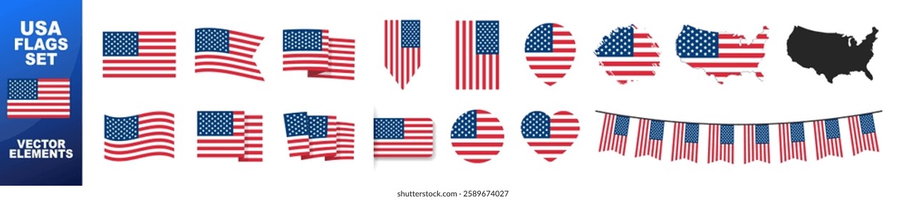 Official USA flag set. Map set of icons and different shapes. Flat style. National symbol isolated on transparent background.