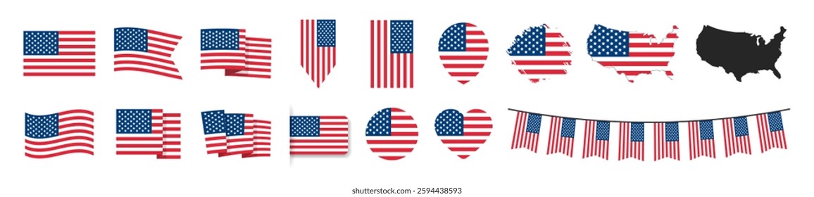 Official USA flag set. Map set of icons and different shapes. Flat style. National symbol isolated on transparent background.