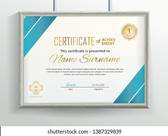 Official vector certificate with blue flat design elements and realistic grey border hanging on the wall. Business clean modern design